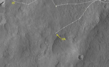 This map shows the route driven by NASA's Mars rover Curiosity through the 338 Martian day, or sol, of the rover's mission on Mars (July 19, 2013).