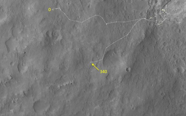 This map shows the route driven by NASA's Mars rover Curiosity through the 340 Martian day, or sol, of the rover's mission on Mars (July 21, 2013).