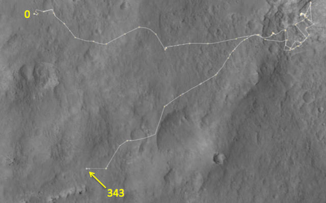 This map shows the route driven by NASA's Mars rover Curiosity through the 343 Martian day, or sol, of the rover's mission on Mars (July 24, 2013).
