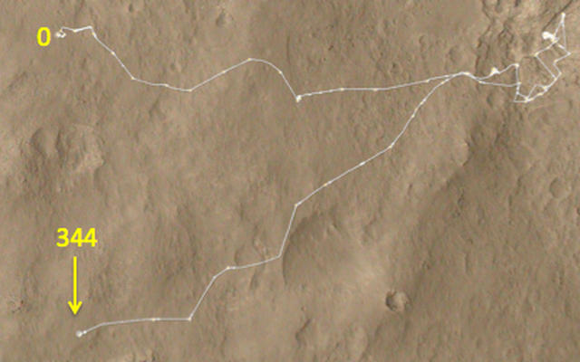 This map shows the route driven by NASA's Mars rover Curiosity through the 344 Martian day, or sol, of the rover's mission on Mars (July 24, 2013).