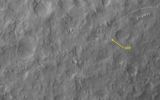 This map shows the route driven by NASA's Mars rover Curiosity through the 349 Martian day, or sol, of the rover's mission on Mars (July 30, 2013).