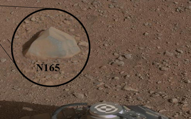 This mosaic image with a close-up inset, taken prior to the test, shows the rock chosen as the first target for NASA's Curiosity rover to zap with its Chemistry and Camera (ChemCam) instrument.