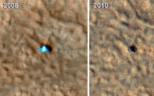Two images of the Phoenix Mars lander taken from Martian orbit in 2008 and 2010.