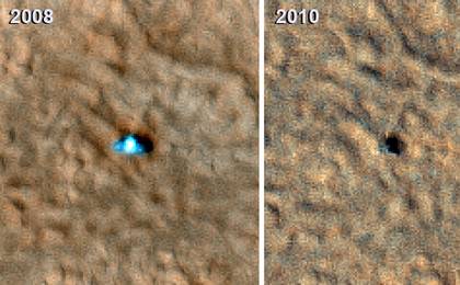 Two images of the Phoenix Mars lander taken from Martian orbit in 2008 and 2010.