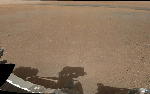 This is the first 360-degree panorama in color of the Gale Crater landing site taken by NASA's Curiosity rover. The panorama was made from thumbnail versions of images taken by the Mast Camera.