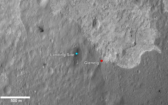 This image shows the landing site of NASA's Curiosity rover and destinations scientists want to investigate.