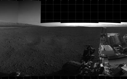 With the addition of four high-resolution Navigation Camera, or Navcam, images, taken on Aug. 18 (Sol 12), Curiosity's 360-degree landing-site panorama now includes the highest point on Mount Sharp visible from the rover.