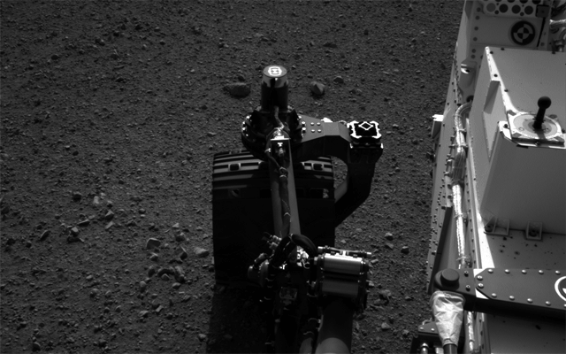 This set of images shows the movement of the rear right wheel of NASA's Curiosity as rover drivers turned the wheels in place at the landing site on Mars.