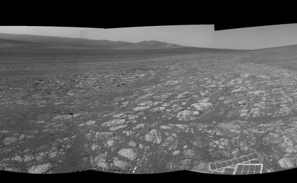 On the horizon in the right half of this panoramic view is an area of Mars informally named "Matijevic Hill," in commemoration of an influential rover-team leader.