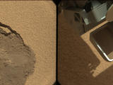This pairing illustrates the first time that NASA's Mars rover Curiosity collected a scoop of soil on Mars.