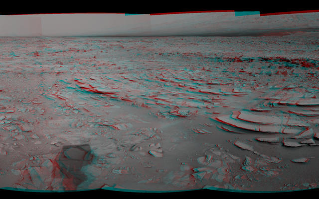 This stereo panoramic view combines 14 images taken by the Navigation Camera (Navcam) on the NASA Mars rover Curiosity during the mission's 120th Martian day, or sol (Dec. 7, 2012).