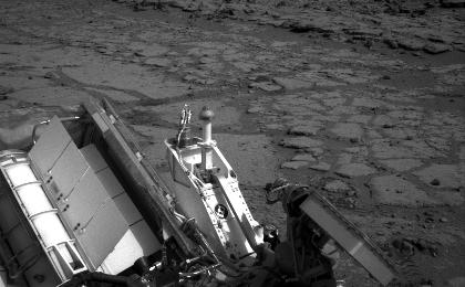 The NASA Mars rover Curiosity used its left Navigation Camera to record this view of the step down into a shallow depression called "Yellowknife Bay."