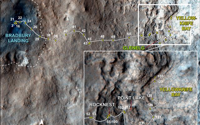 This map traces where NASA's Mars rover Curiosity drove between landing at a site subsequently named "Bradbury Landing," and the position reached during the mission's 130th Martian day, or sol, (Dec. 17, 2012).