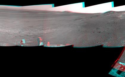 This full-circle, stereo panorama shows the terrain around the NASA Mars Exploration Rover Opportunity during the 3,105th Martian day, or sol, of the rover's work on Mars (Oct. 18, 2012).