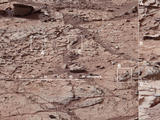 This view shows the patch of veined, flat-lying rock selected as the first drilling site for NASA's Mars rover Curiosity.