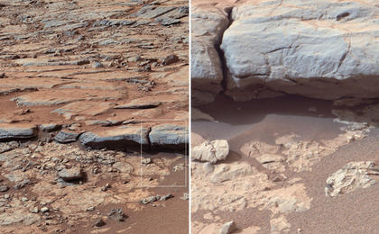 The right Mast Camera (Mastcam) of NASA's Curiosity Mars rover provided this view of the lower stratigraphy at "Yellowknife Bay" inside Gale Crater on Mars.