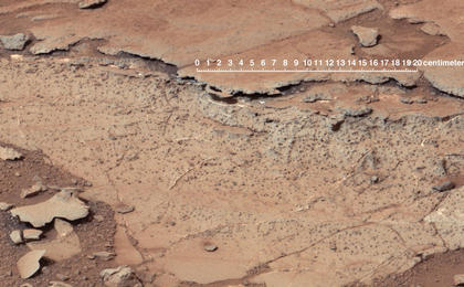 This image from the right Mast Camera (Mastcam) of NASA's Curiosity Mars rover shows roughly spherical features.
