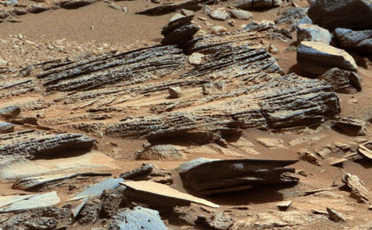 This image from the Mast Camera (Mastcam) on NASA's Mars rover Curiosity shows inclined layering known as cross-bedding in an outcrop called "Shaler" on a scale of a few tenths of meters, or decimeters (1 decimeter is nearly 4 inches).