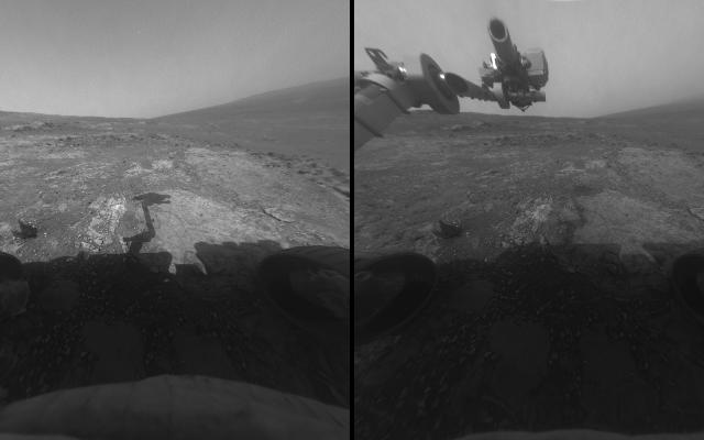 These two images, taken five Martian days (sols) apart by the front hazard-avoidance camera on NASA's Mars Exploration Rover Opportunity, document the Martian sky above the rover's Endeavour Crater location becoming dustier.