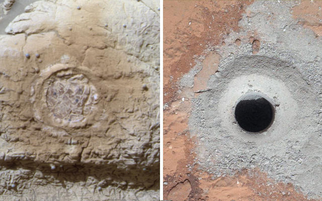 This set of images shows the results from the rock abrasion tool from NASA's Mars Exploration Rover Opportunity (left) and the drill from NASA's Curiosity rover (right).