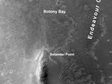 This map of a portion of the western rim of Endeavour Crater on Mars shows the path of NASA's Mars Exploration Rover Opportunity as the rover is driving from the "Cape York" segment of the rim to its next destination, the "Solander Point" segment.