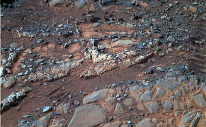 This image from the panoramic camera (Pancam) on NASA's Mars Exploration Rover Opportunity shows a pale rock called "Esperence," which was inspected by the rover in May 2013.
