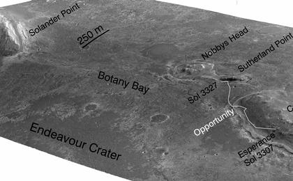 A stereo pair of images from taken from Mars orbit were used to generate a digital elevation model that is the basis for this simulated perspective view of "Cape York," "Botany Bay," and "Solander Point" on the western rim of Endeavour Crater.