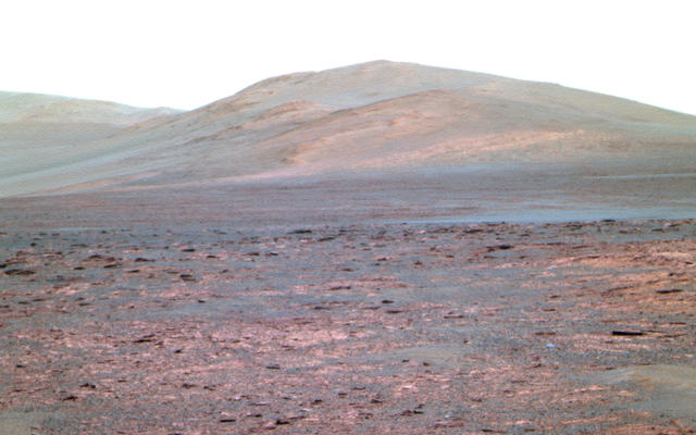Opportunity used its panoramic camera (Pancam) to acquire this view of "Solander Poin." The southward-looking scene, presented in false color, shows Solander Point on the center horizon, "Botany Bay" in the foreground, and "Cape Tribulation" in the far background at left.