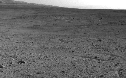 NASA's Mars rover Curiosity captured this view using its Navigation Camera (Navcam) after reaching the top of a rise called "Panorama Point" with a drive during the 388th Martian day, or sol, of the rover's work on Mars (Sept. 8, 2013).