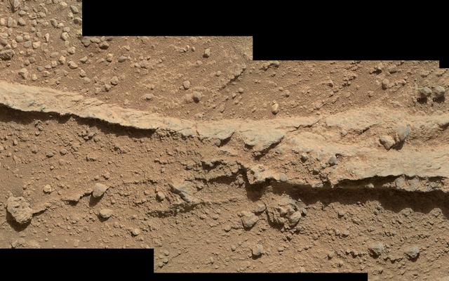 This mosaic of four images taken by the Mars Hand Lens Imager (MAHLI) camera on NASA's Mars rover Curiosity shows detailed texture in a ridge that stands higher than surrounding rock.