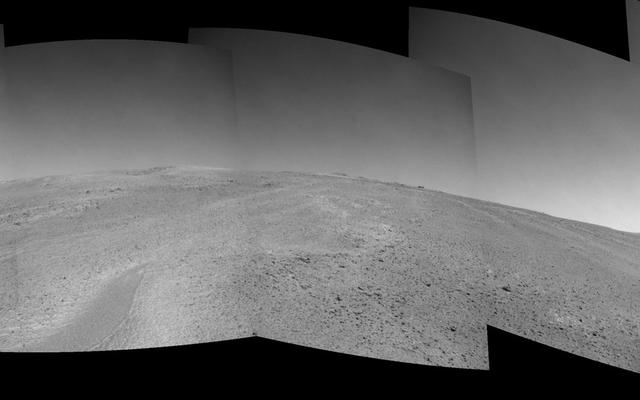 NASA's Mars Exploration Rover Opportunity captured this view after beginning to ascend the northwestern slope of "Solander Point" on the western rim of Endeavour Crater.