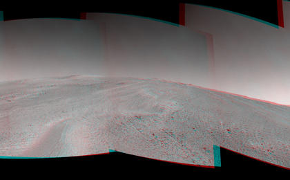 NASA's Mars Exploration Rover Opportunity captured this stereo view after beginning to ascend the northwestern slope of "Solander Point" on the western rim of Endeavour Crater.