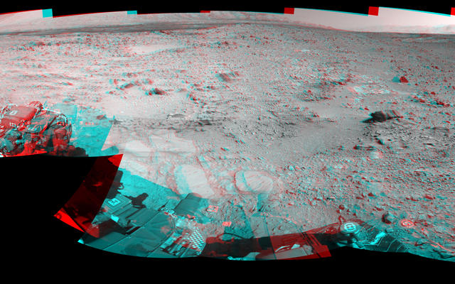 NASA's Mars rover Curiosity captured this stereo view using its Navigation Camera (Navcam) after a 17-foot (5.3 meter) drive on 477th Martian day, or sol, of the rover's work on Mars (Dec. 8, 2013). The scene appears three dimensional when viewed through red-blue glasses with the red lens on the left.