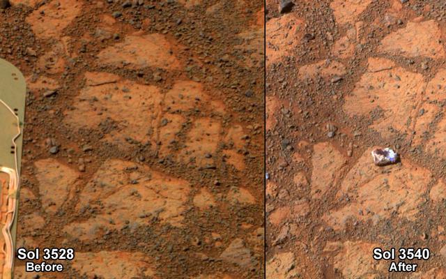 This before-and-after pair of images of the same patch of ground in front of NASA's Mars Exploration Rover Opportunity 13 days apart documents the arrival of a bright rock onto the scene.