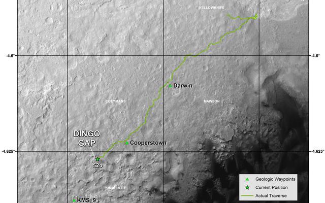 This map shows the route that NASA's Curiosity Mars rover drove inside Gale Crater from its landing in August 2013 through the 524th Martian day, or sol, of the mission (Jan. 26, 2004).