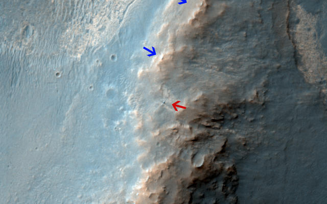 The High Resolution Imaging Science Experiment (HiRISE) camera on NASA's Mars Reconnaissance Orbiter caught this view of NASA's Mars Exploration Rover Opportunity on Feb. 14, 2014.