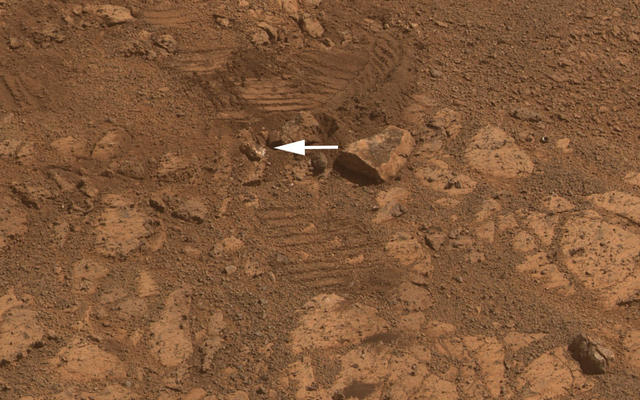 This image from the panoramic camera (Pancam) on NASA's Mars Exploration Rover Opportunity shows the location of a rock called "Pinnacle Island" before it appeared in front of the rover in early January 2014.