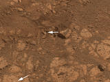 This image from the panoramic camera (Pancam) on NASA's Mars Exploration Rover Opportunity shows the location of a rock called "Pinnacle Island" before it appeared in front of the rover in early January 2014.