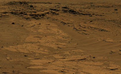 Sandstone layers with varying resistance to erosion are evident in this Martian scene recorded by the Mast Camera on NASA's Curiosity Mars rover on Feb. 25, 2004, about one-quarter mile (about 400 meters) from a planned waypoint called "the Kimberley."