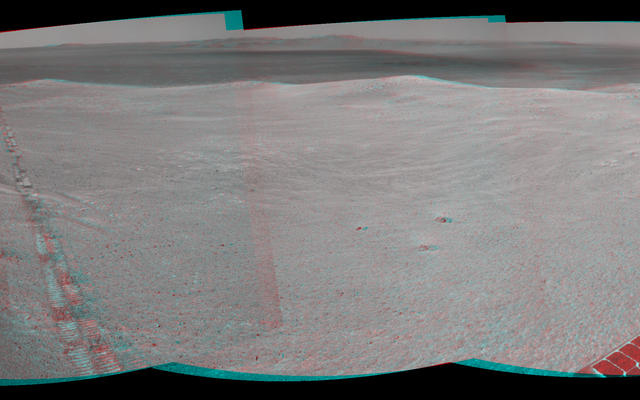 Component images for this stereo, 360-degree scene were taken by the navigation camera on NASA's Mars Exploration Rover Opportunity after a drive of about 97 feet southeastward on April 22, 2014. This vista of the rim of Endeavour Crater appears three-dimensional when seen through blue-red glasses.