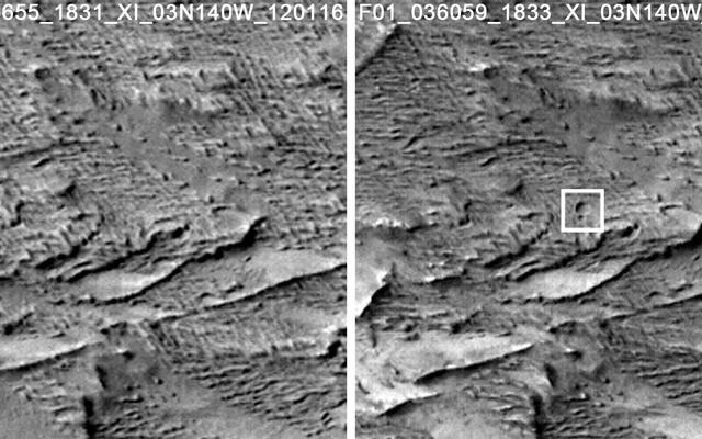 These images from the Context Camera on NASA's Mars Reconnaissance Orbiter were taken before and after an apparent impact scar appeared in the area in March 2012. Comparing the Jan. 16, 2012, image (left) with the April 6, 2014, one (right) confirms that fresh craters appeared during the interval.