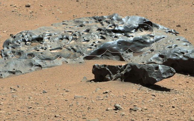 This rock encountered by NASA's Curiosity Mars rover is an iron meteorite called "Lebanon," similar in shape and luster to iron meteorites found on Mars by the previous generation of rovers, Spirit and Opportunity.
