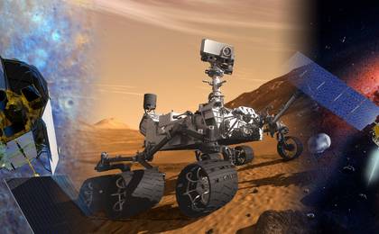 Artist concept of NASA's MESSENGER, Mars Science Laboratory and Dawn missions.