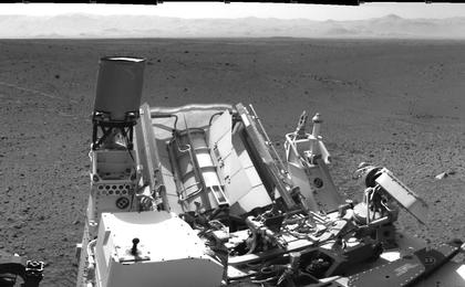 NASA's Mars rover Curiosity drove about 70 feet (about 21 meters) on the mission's 21st Martian day, or sol (Aug. 30, 2012) and then took images with its Navigation Camera that are combined into this scene, which inclues the fresh tracks.