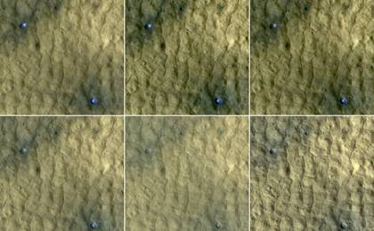 This series of images spanning a period of 15 weeks shows a pair of fresh, middle-latitude craters on Mars in which some bright, bluish material apparent in the earliest images disappears by the later ones.