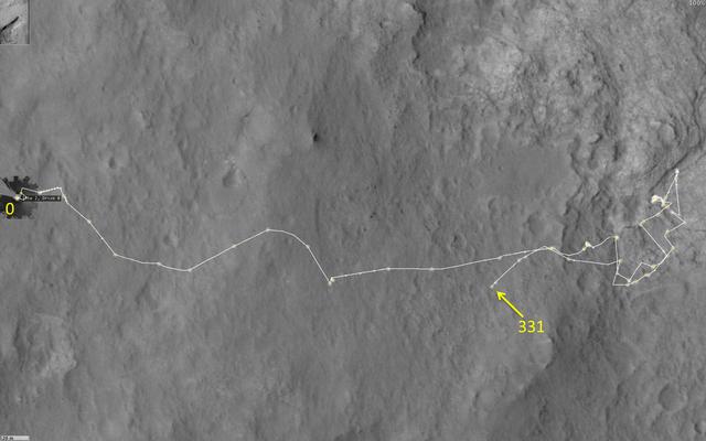 This map shows the route driven by NASA's Mars rover Curiosity through the 331 Martian day, or sol, of the rover's mission on Mars (July 12, 2013).