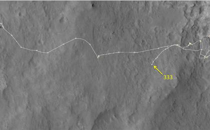 This map shows the route driven by NASA's Mars rover Curiosity through the 333 Martian day, or sol, of the rover's mission on Mars (July 14, 2013).