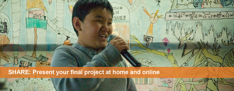 Share: Present your final project at home and online. A young boy is talking into a microphone with a mural of a community on Mars in the background.