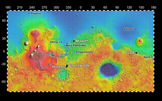 Map showing 4 possible landing sites for MSL