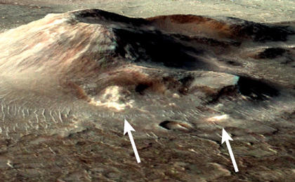 This volcanic cone in the Nili Patera caldera on Mars has hydrothermal mineral deposits on the southern flanks and nearby terrains.